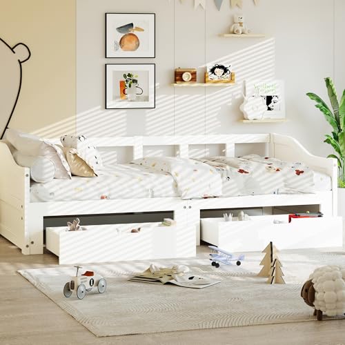 Generisch Ausziehbares Schlafsofa 90x200 cm mit Schubladen, Massivholzbett mit Stauraum und Lattenrost, Polsterbett, Multifunktionsbett für Wohn- und Schlafzimmer, ohne Matratze von Generisch