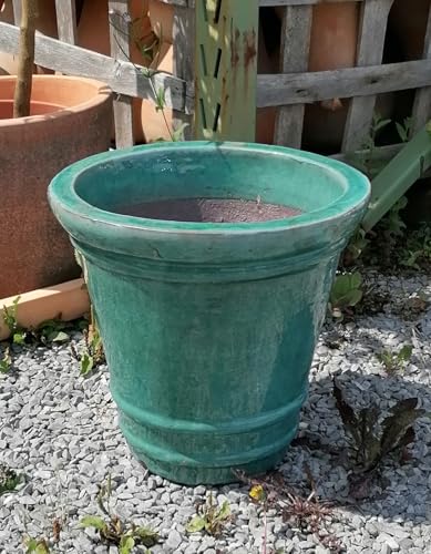 Generisch B-Ware ! Robuster winterfester Blumentopf Außendurchmesser ca. 32 cm aus grün glasierten Steingut Garten Deko Blumenkübel Pflanztopf von Generisch