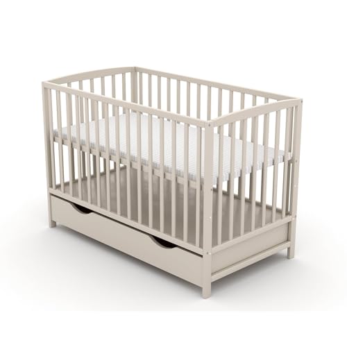 Generisch Baby Delux Babybett 60x120 cm Schutzgitter Schublade und Matratze Milo Taupe 3-Fach höhenverstellbar Massivholz Schlupfsprossen (mit Komfort Matratze 60x120x9 cm) von Generisch