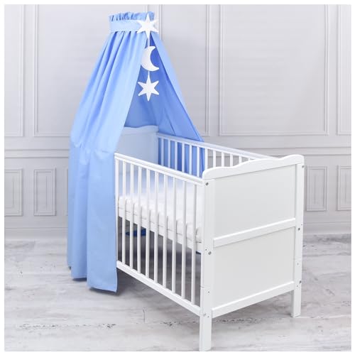 Generisch Baby Delux Babybett Himmel Betthimmel Baumwolle Baldachin für Babybett Kinderbett Wiege Stubenwagen Himmelstange Sterne Mond Applikationen Deko (Blau, mit Himmelstange) von Generisch