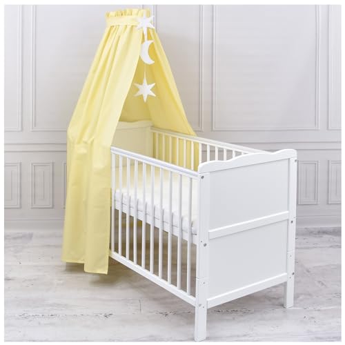 Generisch Baby Delux Babybett Himmel Betthimmel Baumwolle Baldachin für Babybett Kinderbett Wiege Stubenwagen Himmelstange Sterne Mond Applikationen Deko (Gelb, mit Himmelstange) von Generisch