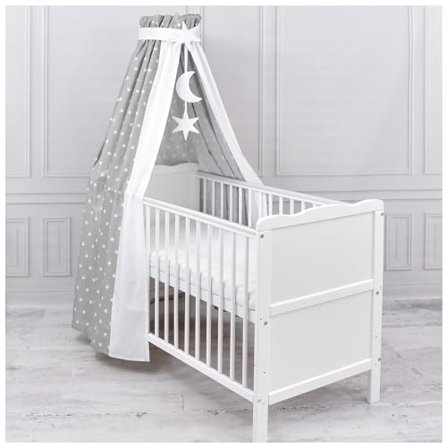 Generisch Baby Delux Babybett Himmel Betthimmel Baumwolle Baldachin für Babybett Kinderbett Wiege Stubenwagen Himmelstange Sterne Mond Applikationen Deko (Little Stars Grey, mit Himmelstange) von Generisch