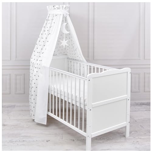 Generisch Baby Delux Babybett Himmel Betthimmel Baumwolle Baldachin für Babybett Kinderbett Wiege Stubenwagen Himmelstange Sterne Mond Applikationen Deko (Little Stars White, mit Himmelstange) von Generisch