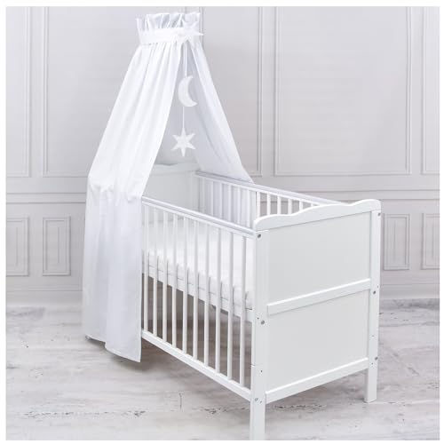 Generisch Baby Delux Babybett Himmel Betthimmel Baumwolle Baldachin für Babybett Kinderbett Wiege Stubenwagen Himmelstange Sterne Mond Applikationen Deko (Weiß, mit Himmelstange) von Generisch