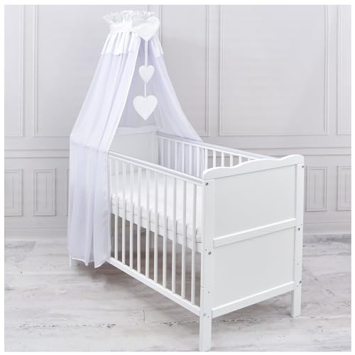 Generisch Baby Delux Babybett Himmel Betthimmel Chiffon Baldachin für Babybett Kinderbett Wiege Stubenwagen Himmelstange Applikationen Herz Deko (Weiß, mit Himmelstange) von Generisch