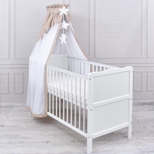 Generisch Baby Delux Babybett Himmel Betthimmel Chiffon Baumwolle Verlauf Baldachin für Babybett Kinderbett Wiege Stubenwagen Himmelstange Applikationen Deko (Karro braun, mit Himmelstange) von Generisch