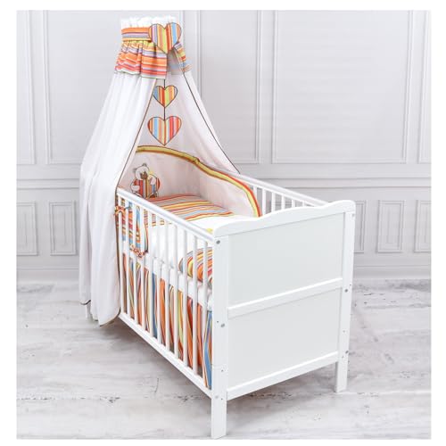 Generisch Baby Delux Babybett Komplett Set 10-TLG Kinderbett umbaubar zum Juniorbett 70x140 Matratze Jack Bettset Chiffonhimmel (Herz Streifen rot), Komplettbett Jack BW H von Generisch