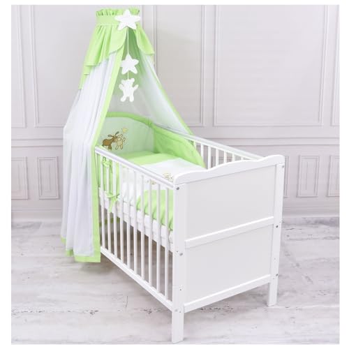 Generisch Baby Delux Babybett Komplett Set 9-TLG Kinderbett umbaubar zum Juniorbett 70x140 Matratze Jack Bettset Chiffonhimmel (Esel grün) von Generisch