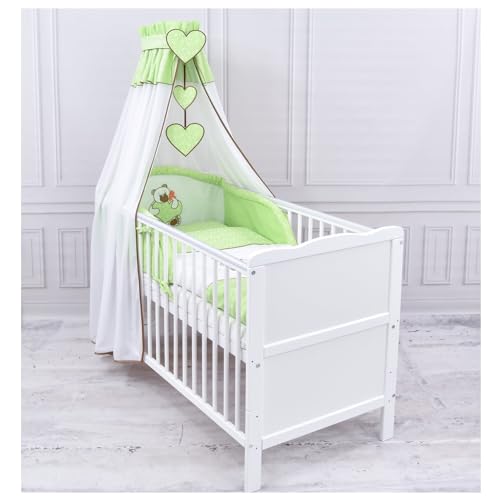Generisch Baby Delux Babybett Komplett Set 9-TLG Kinderbett umbaubar zum Juniorbett 70x140 Matratze Jack Bettset Chiffonhimmel (Herz Blümchen grün) von Generisch