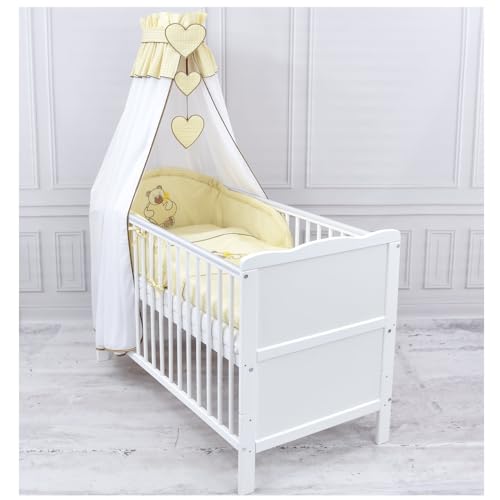 Generisch Baby Delux Babybett Komplett Set 9-TLG Kinderbett umbaubar zum Juniorbett 70x140 Matratze Jack Bettset Chiffonhimmel (Herz Karro beige) von Generisch