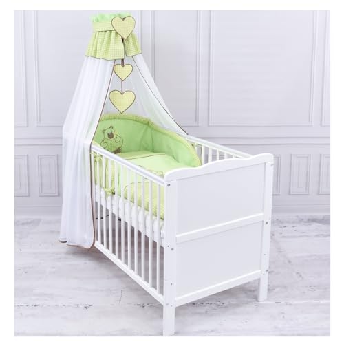 Generisch Baby Delux Babybett Komplett Set 9-TLG Kinderbett umbaubar zum Juniorbett 70x140 Matratze Jack Bettset Chiffonhimmel (Herz Karro grün) von Generisch