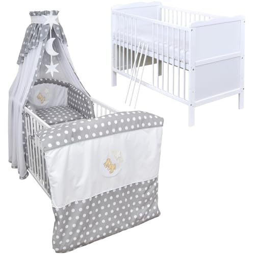 Generisch Baby Delux Babybett Komplett Set 9-TLG Kinderbett umbaubar zum Juniorbett 70x140 Matratze Jack Bettset Chiffonhimmel (Mond Grey Dots) von Generisch