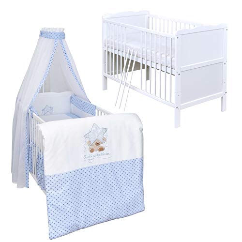 Generisch Baby Delux Babybett Komplett Set 9-TLG Kinderbett umbaubar zum Juniorbett 70x140 Matratze Jack Bettset Chiffonhimmel (Twinkle Star blau) von Generisch