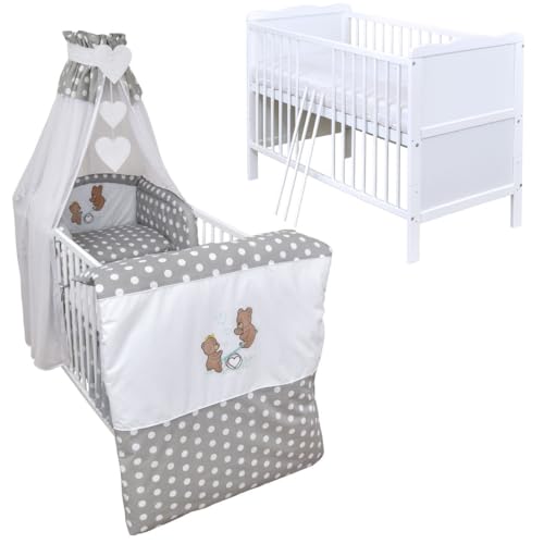 Generisch Baby Delux Babybett Komplett Set 9-TLG Kinderbett umbaubar zum Juniorbett 70x140 Matratze Jack Bettset Chiffonhimmel (Wippe Grey Dots) von Generisch