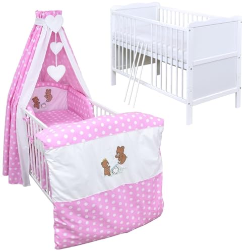 Generisch Baby Delux Babybett Komplett Set 9-TLG Kinderbett umbaubar zum Juniorbett 70x140 Matratze Jack Bettset Vollstoffhimmel (Wippe Pink Dots) von Generisch