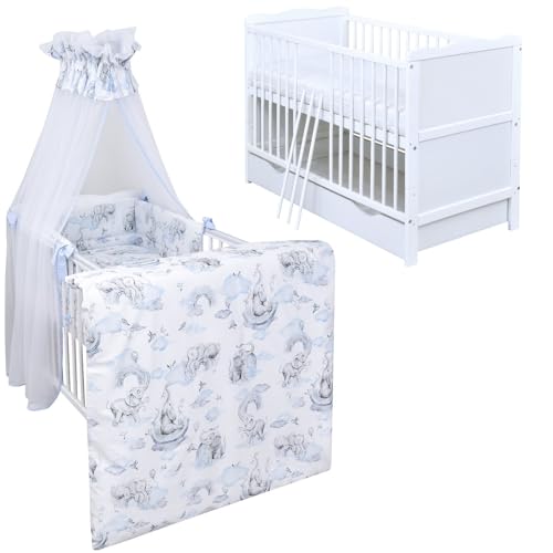 Generisch Baby Delux Babybett Komplett Set Jack Kinderbett umbaubar zum Juniorbett 140x70 weiß Schublade Matratze Bettset mehrteilig (Elefant blau) von Generisch