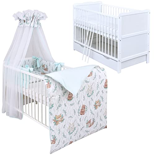 Generisch Baby Delux Babybett Komplett Set Jack Kinderbett umbaubar zum Juniorbett 140x70 weiß Schublade Matratze Bettset mehrteilig (Märchenwald) von Generisch