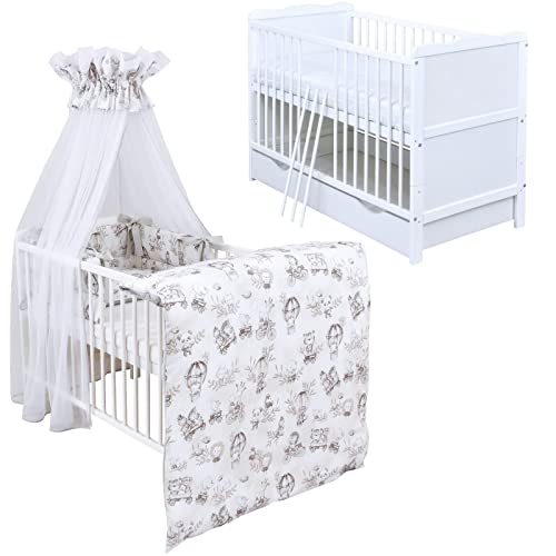 Generisch Baby Delux Babybett Komplett Set Jack Kinderbett umbaubar zum Juniorbett 140x70 weiß Schublade Matratze Bettset mehrteilig (Zoo beige) von Generisch