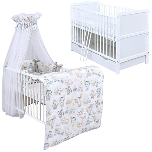 Generisch Baby Delux Babybett Komplett Set Jack Kinderbett umbaubar zum Juniorbett 140x70 weiß Schublade Matratze Bettset mehrteilig (Zoo beige Mint) von Generisch