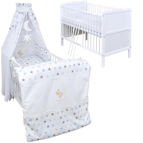 Generisch Baby Delux Babybett Komplett Set Kinderbett 60x120 cm umbaubar zum Juniorbett weiß 10-TLG Max Bettset Matratze Chiffonhimmel (Mond Magic blau) von Generisch