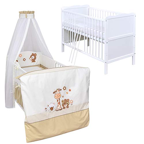 Generisch Baby Delux Babybett Komplett Set Kinderbett 60x120 cm umbaubar zum Juniorbett weiß 10-TLG Max Bettset Matratze Chiffonhimmel (Safari) von Generisch