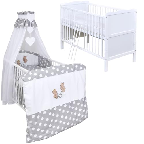 Generisch Baby Delux Babybett Komplett Set Kinderbett 60x120 cm umbaubar zum Juniorbett weiß 10-TLG Max Bettset Matratze Chiffonhimmel (Wippe Big Stars Grey) von Generisch