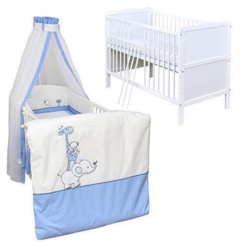 Generisch Baby Delux Babybett Komplett Set Kinderbett 60x120 cm umbaubar zum Juniorbett weiß 10-TLG Max Bettset Matratze Chiffonhimmel (Zirkus blau) von Generisch