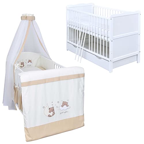 Generisch Baby Delux Babybett Komplett Set Kinderbett 60x120 cm umbaubar zum Juniorbett weiß Schublade Max Bettset Matratze (Traumland beige) von Generisch