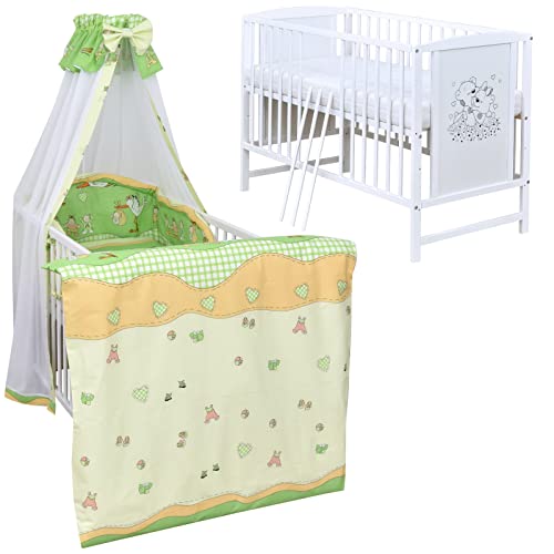 Generisch Baby Delux Babybett Komplett Set Kinderbett Mia weiß 120x60 Bettset Matratze Chiffonhimmel (Storch grün) von Generisch