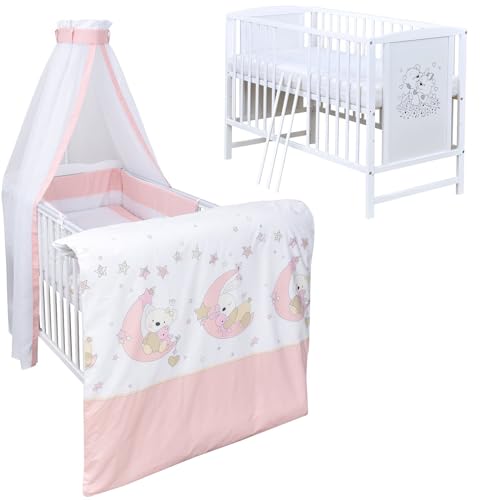 Generisch Baby Delux Babybett Komplett Set Kinderbett Mia weiß 120x60 Bettset mit Stickerei Matratze (Sleeping Friends rosa) von Generisch