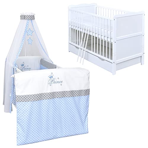 Generisch Baby Delux Babybett Komplett Set Kinderbett umbaubar zum Juniorbett 140x70 weiß Schublade Matratze Bettset mehrteilig (Prince Stars) von Generisch