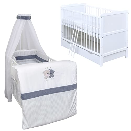 Generisch Baby Delux Babybett Komplett Set Kinderbett umbaubar zum Juniorbett 140x70 weiß Schublade Matratze Bettset mehrteilig Jack (Loving Bears) von Generisch