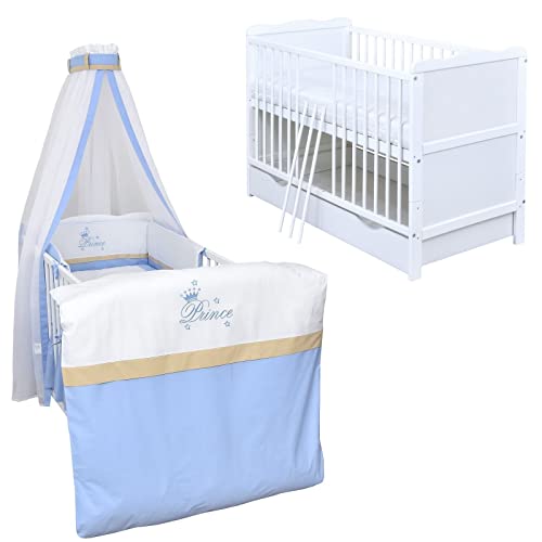 Generisch Baby Delux Babybett Komplett Set Kinderbett umbaubar zum Juniorbett 140x70 weiß Schublade Matratze Bettset mehrteilig Jack (Prince) von Generisch