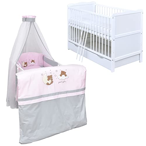 Generisch Baby Delux Babybett Komplett Set Kinderbett umbaubar zum Juniorbett 140x70 weiß Schublade Matratze Bettset mehrteilig Jack (Traumland rosa grau) von Generisch