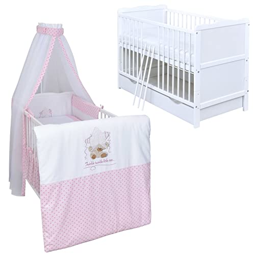 Generisch Baby Delux Babybett Komplett Set Kinderbett umbaubar zum Juniorbett 140x70 weiß Schublade Matratze Bettset mehrteilig Jack (Twinkle Star rosa) von Generisch