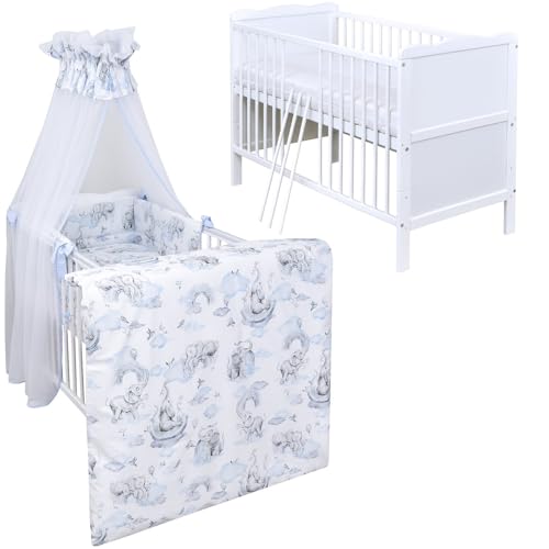 Generisch Baby Delux Babybett Komplett Set Kinderbett umbaubar zum Juniorbett weiß 140x70 Jack Bettset Matratze (Elefant blau) von Generisch