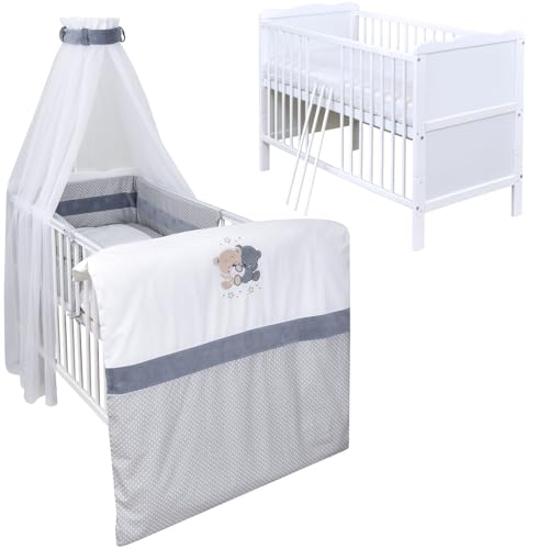 Generisch Baby Delux Babybett Komplett Set Kinderbett umbaubar zum Juniorbett weiß 140x70 Jack Bettset Matratze (Loving Bears gepunktet) von Generisch