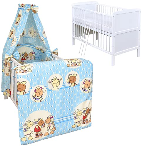 Generisch Baby Delux Babybett Komplett Set Kinderbett umbaubar zum Juniorbett weiß 140x70 Natalie Bettset Matratze 12-TLG Vollstoffhimmel (Jolly blau) von Generisch