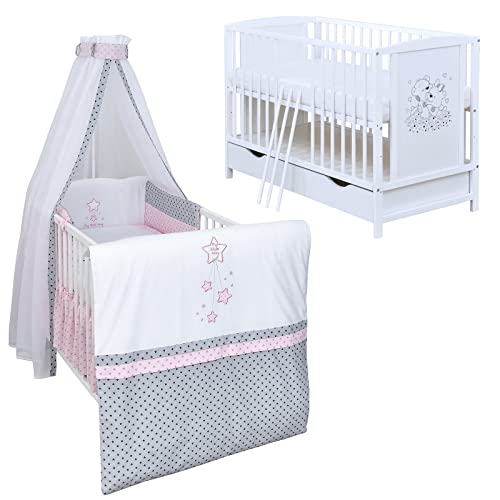 Generisch Baby Delux Babybett Komplett Set Mia umbaubar zum Juniorbett weiß 120x60 Matratze Schublade Schutzgitter Bettset Premium (Magic Stars Rosa) von Generisch