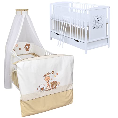 Generisch Baby Delux Babybett Komplett Set Mia umbaubar zum Juniorbett weiß 120x60 Matratze Schublade Schutzgitter Bettset Premium (Safari) von Generisch