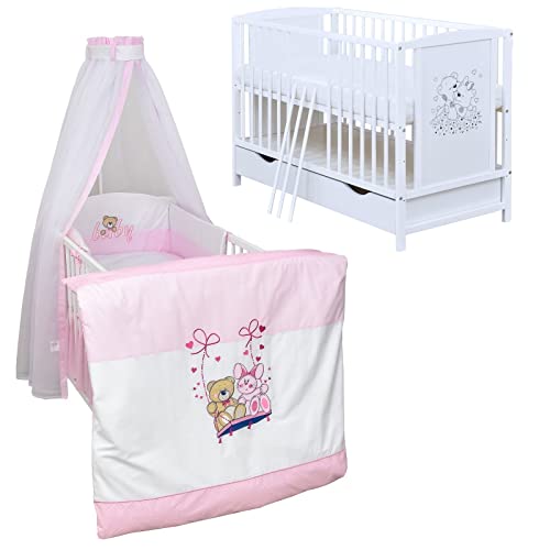 Generisch Baby Delux Babybett Komplett Set Mia umbaubar zum Juniorbett weiß 120x60 Matratze Schublade Schutzgitter Bettset Premium (Schaukelfreunde) von Generisch