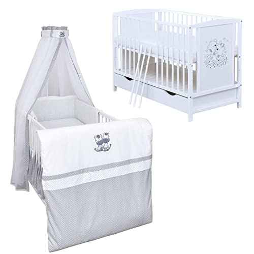 Generisch Baby Delux Babybett Komplett Set Mia umbaubar zum Juniorbett weiß 120x60 Matratze Schublade Schutzgitter Bettset Premium (Zebra) von Generisch