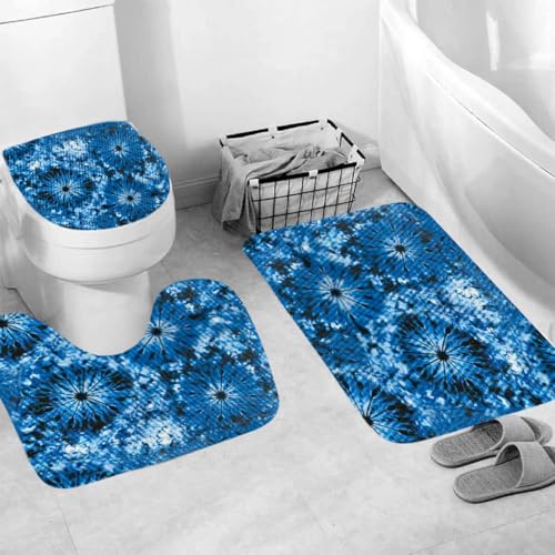 Generisch Badematten & Badteppiche Set 3 Teilig Badezimmerteppich Waschbar Badematte rutschfest,Wc Vorleger Mit Ausschnitt Und Badematte, Badvorleger Toilette Teppich 50×80Cm Blaue Blumen von Generisch