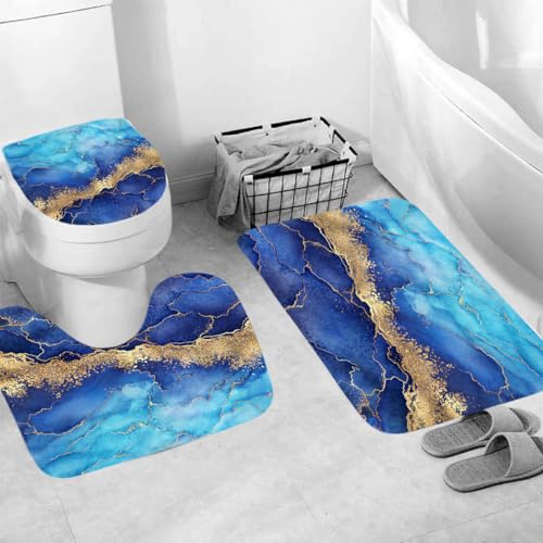 Generisch Badematten & Badteppiche Set 3 Teilig Badezimmerteppich Waschbar Badematte rutschfest,Wc Vorleger Mit Ausschnitt Und Badematte, Badvorleger Toilette Teppich 50×80Cm Blauer Marmor von Generisch