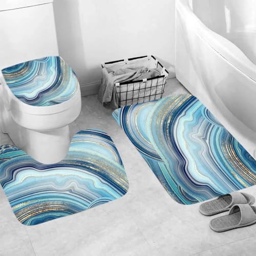 Generisch Badematten & Badteppiche Set 3 Teilig Badezimmerteppich Waschbar Badematte rutschfest,Wc Vorleger Mit Ausschnitt Und Badematte, Badvorleger Toilette Teppich 50×80Cm Blauer Streifen von Generisch