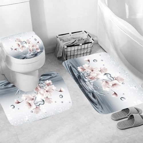 Generisch Badematten & Badteppiche Set 3 Teilig Badezimmerteppich Waschbar Badematte rutschfest,Wc Vorleger Mit Ausschnitt Und Badematte, Badvorleger Toilette Teppich 50×80Cm Blumen von Generisch