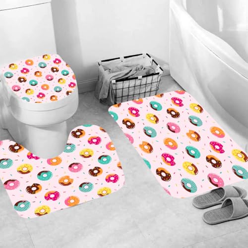 Generisch Badematten & Badteppiche Set 3 Teilig Badezimmerteppich Waschbar Badematte rutschfest,Wc Vorleger Mit Ausschnitt Und Badematte, Badvorleger Toilette Teppich 50×80Cm Donuts von Generisch
