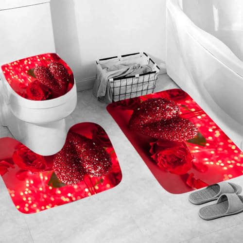 Generisch Badematten & Badteppiche Set 3 Teilig Badezimmerteppich Waschbar Badematte rutschfest,Wc Vorleger Mit Ausschnitt Und Badematte, Badvorleger Toilette Teppich 50×80Cm Liebe Rose von Generisch