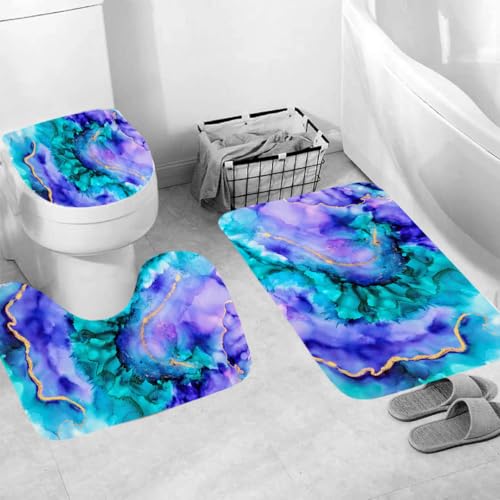 Generisch Badematten & Badteppiche Set 3 Teilig Badezimmerteppich Waschbar Badematte rutschfest,Wc Vorleger Mit Ausschnitt Und Badematte, Badvorleger Toilette Teppich 50×80Cm Lila Grün von Generisch