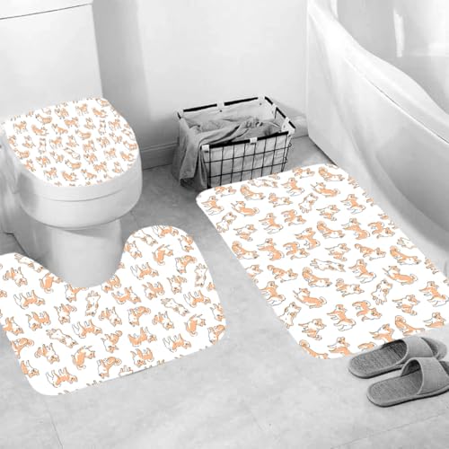 Generisch Badematten & Badteppiche Set 3 Teilig Badezimmerteppich Waschbar Badematte rutschfest,Wc Vorleger Mit Ausschnitt Und Badematte, Badvorleger Toilette Teppich 50×80Cm Netter Hund von Generisch